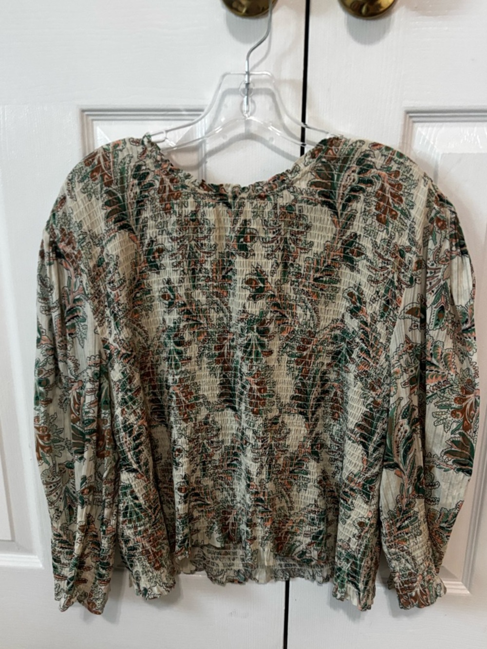 Veronica Beard Smocked Floral Peasant Blouse in Cream, Green & Brown Womens 10